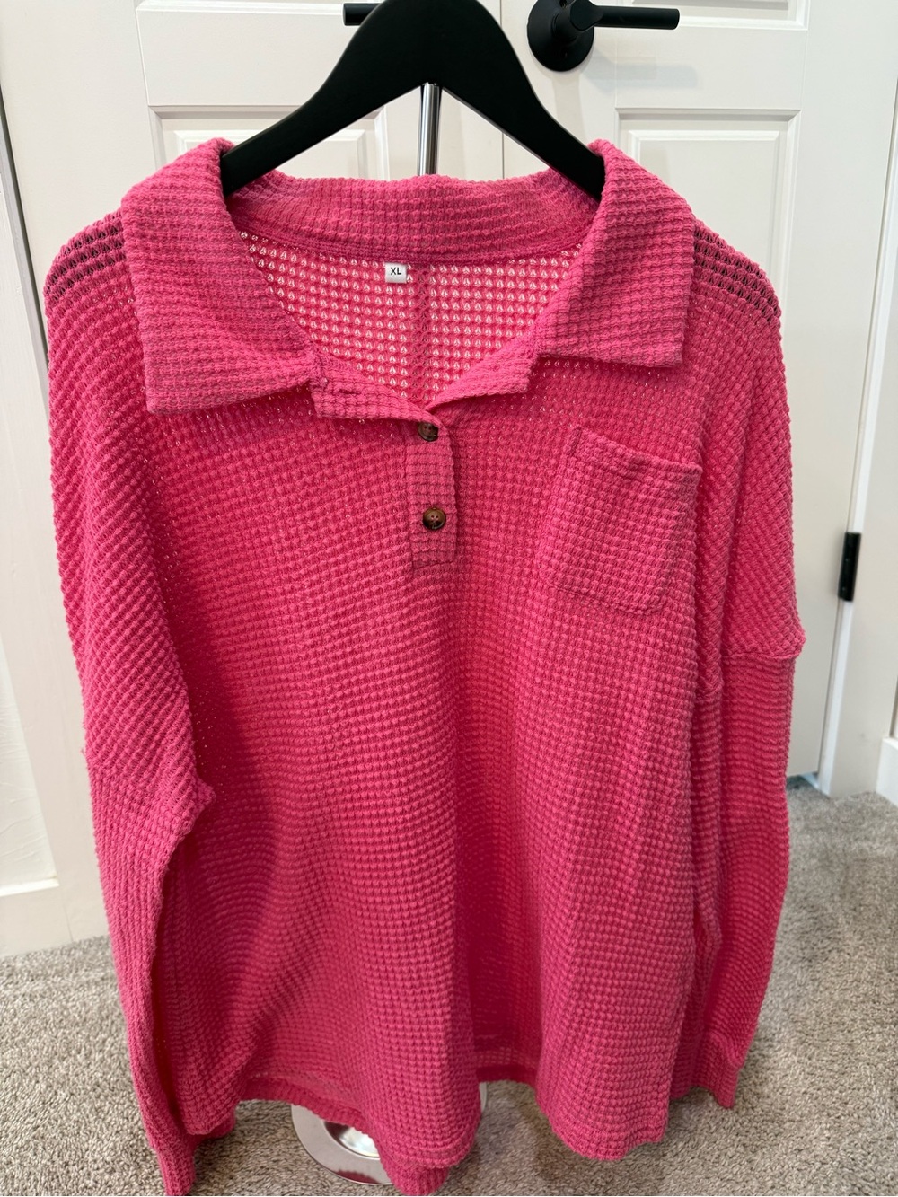 Pink Waffle-Knit Collared Pullover Top